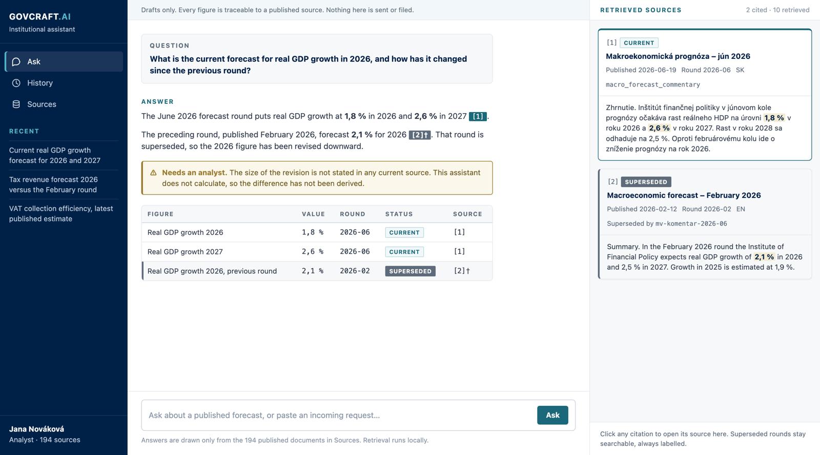 Request Assistant: a cited answer with current and superseded sources side by side